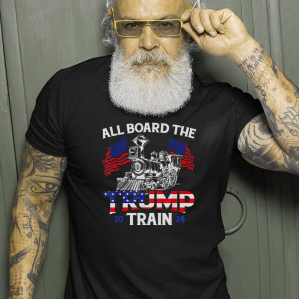 Show Your Trump Support: All Aboard the Trump Train 2024 American Flag T-Shirt