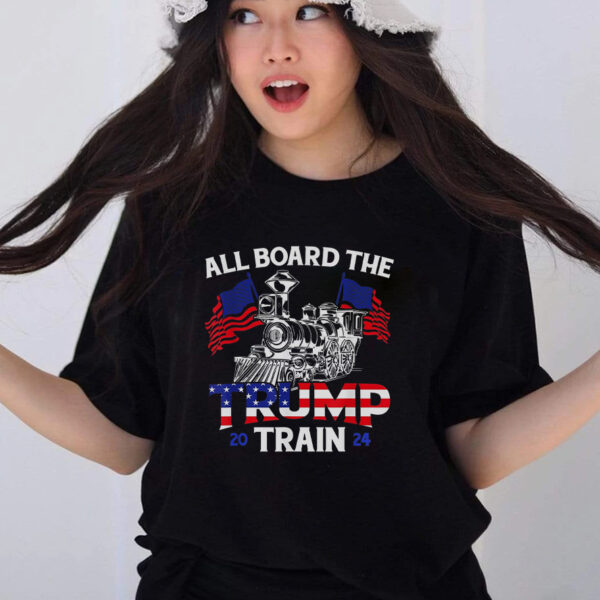 Show Your Trump Support: All Aboard the Trump Train 2024 American Flag T-Shirt - Image 2