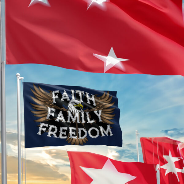 Patriotic Faith Family Freedom Bold Eagle Navy Blue Flag 2024 - Image 2