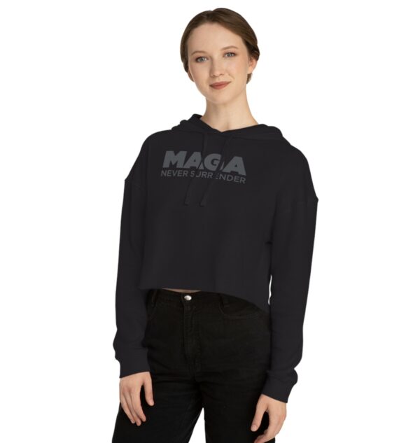 MAGA Never Surrender Black Women’s Cropped Hooded Sweatshirts