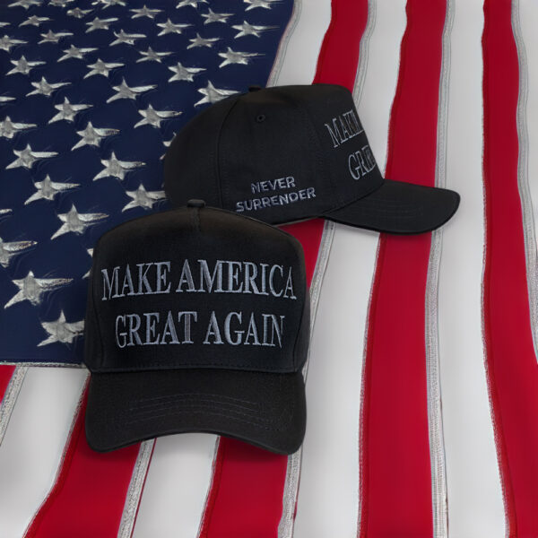 Never Surrender Black MAGA 2024 Hat Cap