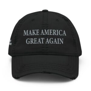 Never Surrender Black MAGA Distressed Dad Hat