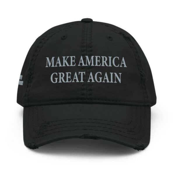 Never Surrender Black MAGA Distressed Dad Hat