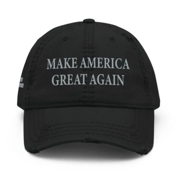 Never Surrender Black MAGA Distressed Dad Hat