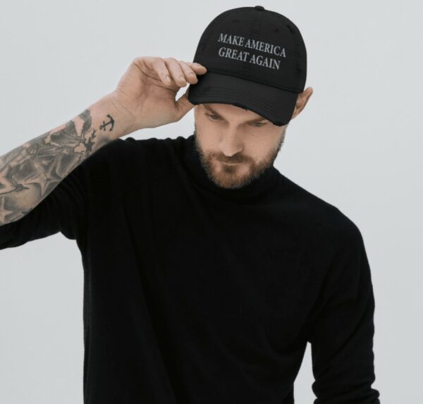 Never Surrender Black MAGA Distressed Dad Hat Caps