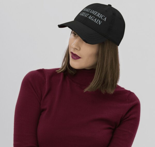 Never Surrender Black MAGA Distressed Dad Hats Caps