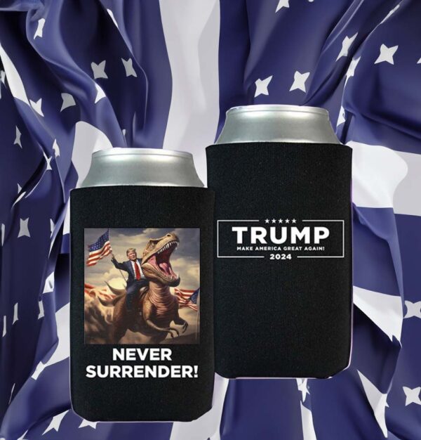 Never Surrender!! Trump on T-Rex Beverage Cooler Black: The Ultimate Patriotic Party Essential - Image 2