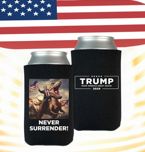 Never Surrender!! Trump on T-Rex Beverage Cooler Black: The Ultimate Patriotic Party Essential