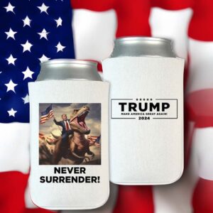 Never Surrender Trump on T Rex Beverage Coolers