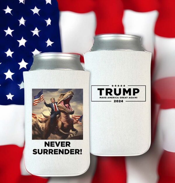 Never Surrender!! Trump on T-Rex Beverage Cooler: The Ultimate Patriotic Party Accessory - Image 2