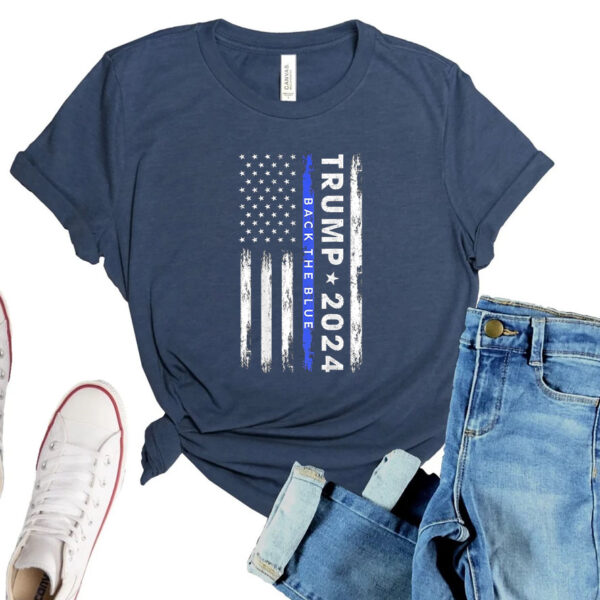 Pro-Trump 2024: Back the Blue with the Thin Blue Line American Flag T-Shirt - Image 2