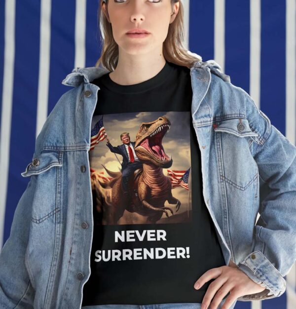 Trump 2024 Never Surrender!! T-Rex Unisex Heavy Cotton T-Shirt - Image 2