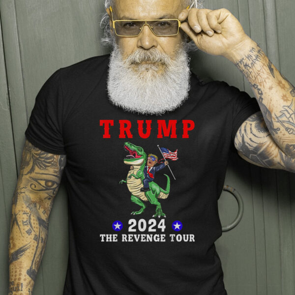 Trump 2024: The Revenge Tour Riding Dinosaur American Flag T-Shirt