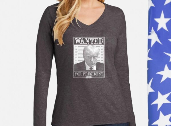 Trump 2024 Wanted: Ladies V-Neck Long Sleeve - Image 2