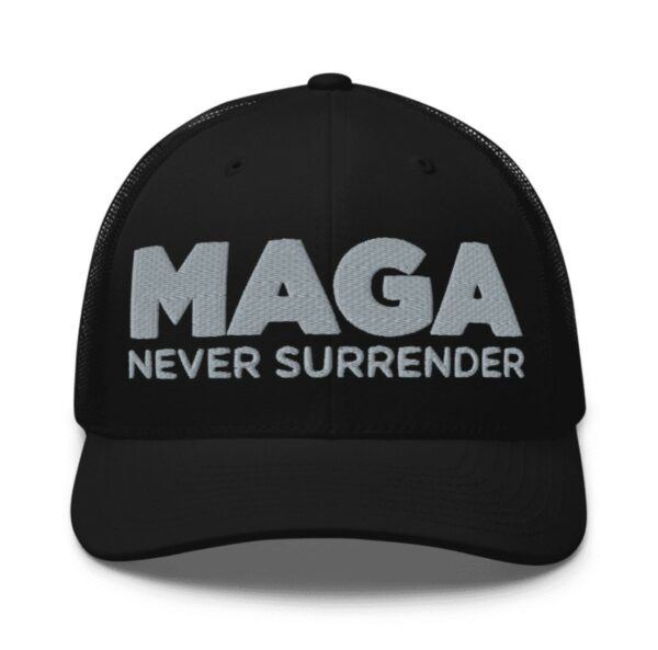 Trump MAGA Never Surrender Black Trucker Hat