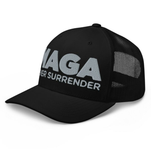 Trump MAGA Never Surrender Black Trucker Hat Cap