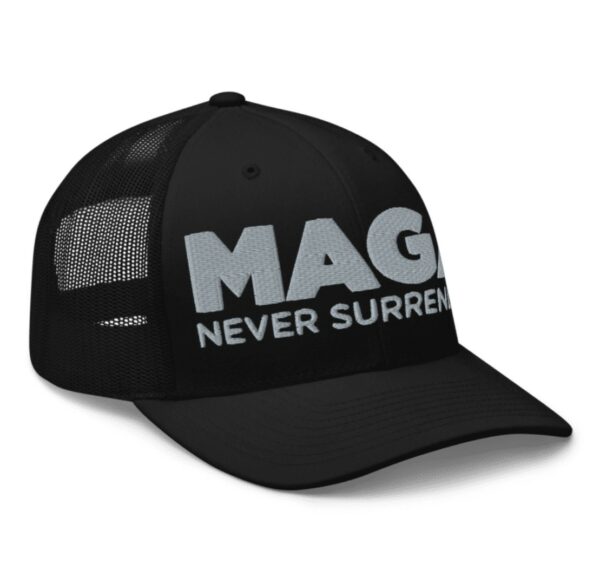 Trump MAGA Never Surrender Black Trucker Hat Caps