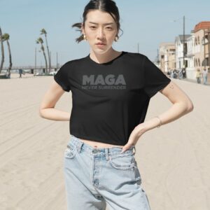 Trump MAGA Never Surrender Black Women's Flowy Cropped Tees