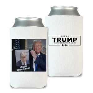 Trump Shows Off Trump Mugshot Never Surrender Beverage Coolers