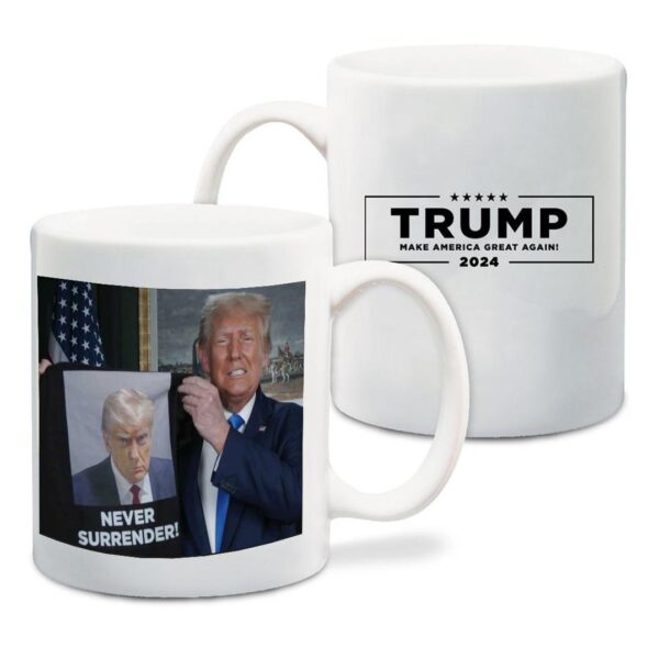 Trump Mugshot Never Surrender Coffee Mug: Show Your Patriotism with Every Sip - Image 2