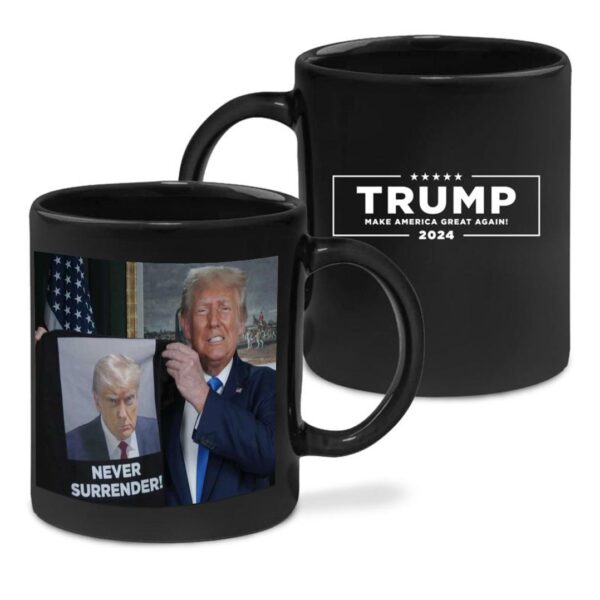 Trump Mugshot Never Surrender Coffee Mug: Show Your Patriotism with Every Sip