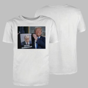 Trump Shows Off Trump Mugshot Never Surrender Shirt