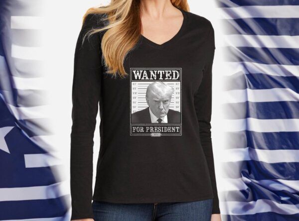 Trump 2024 Wanted: Ladies V-Neck Long Sleeve - Image 3