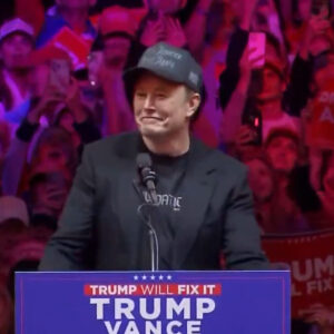 Elon Musk is on the stage wearing his Dark Gothic MAGA hat.1