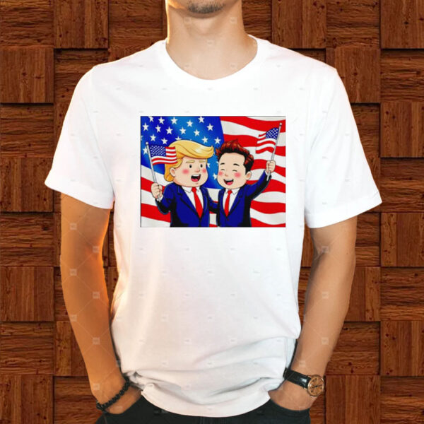 Trump and Elon Musk hand holding American Flag T-Shirt2